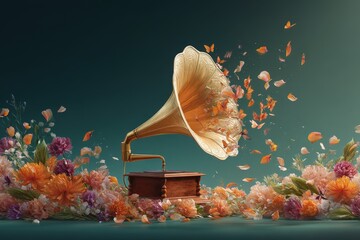 Vintage gramophone surrounded by colorful flowers with butterflies fluttering in the air during a serene evening