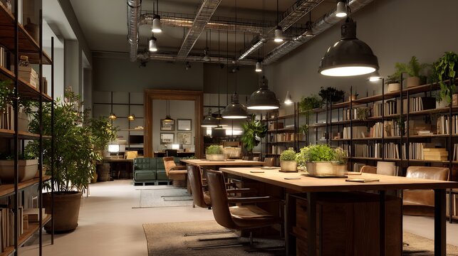 Business background of stylish co working space with shared desks bookshelves plants and pendant lighting realistic environment with no people