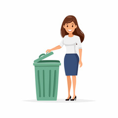 Environmental Stewardship: A cheerful woman opens a green bin, ready to dispose of waste, symbolizing environmental responsibility and the importance of waste management.