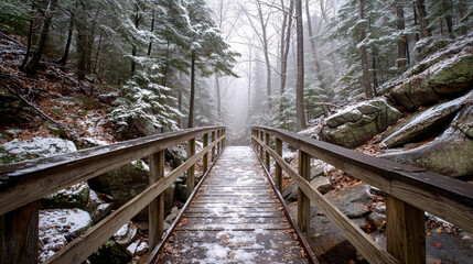 Snow-Covered Wooden Footbridge in Misty Winter Forest Trail