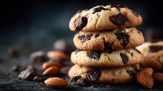 Stack of chocolate chip cookies with almonds on dark background National Cookie Day