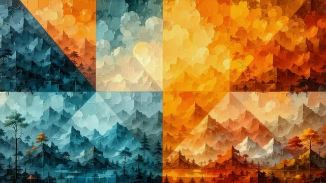 A colorful geometric illustration shows mountains and trees through four seasonal landscapes in a divided and abstract style.