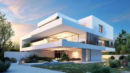 Fototapeta premium Bright white modern house with geometric architecture stock photo --ar 16:9 --raw --v 6 Job ID: fa0786e1-f5b5-4657-9ee1-0626bfedcf68