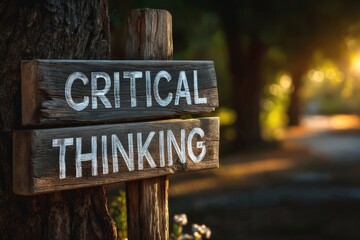 Critical thinking sign in a serene outdoor setting during golden hour, inviting contemplation and reflection on personal growth