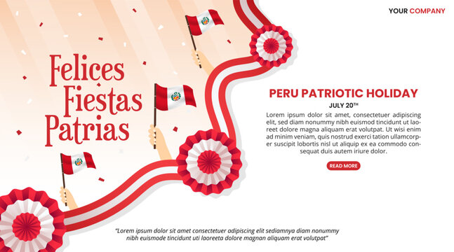 Fiestas Patrias de Peru or Peruvian National Holidays with waving flags