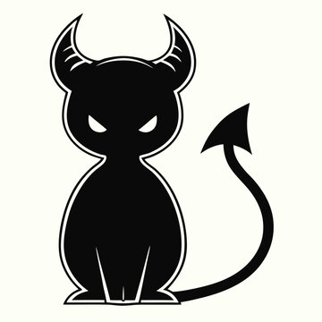 A cute cartoon devil cat with horns and a tail isolated on white background