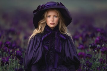 Young woman in elegant purple attire standing amidst a vibrant purple flower field during golden hour