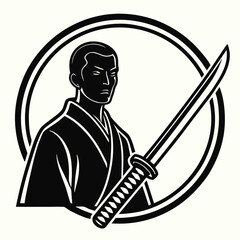 A black silhouette of a samurai with a katana isolated on white background
