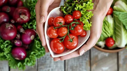 Fresh Heart Harvest. Hands holding a heart-shaped bowl of fresh cherry tomatoes - Powered by Adobe