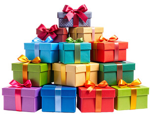 Obraz premium Colorful Stack of Square Gift Boxes with Ribbons, Festive Style, Transparent Background