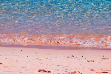 Amazing view of pink beach at Komodo Island, Indonesia. Close-up photo of pink sands with waves and...