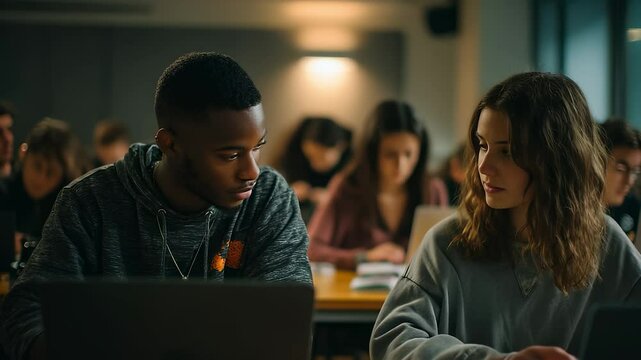 Two students interact during lesson indoors. College group seated at tables with laptops. Studying in pairs promotes active learning. Academic teamwork in university classroom session.