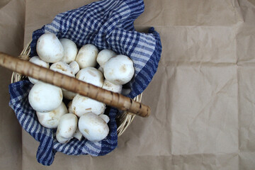 Top view of mushrooms in a basket