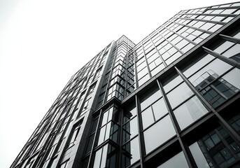 Fototapeta premium Looking up at modern skyscraper isolated on white background
