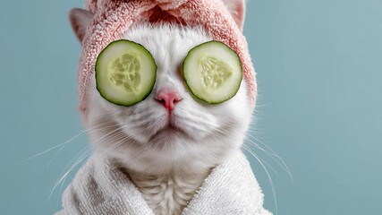 Cat relaxation time with cucumber slices on eyes wearing a towel at home spa setting - Powered by Adobe