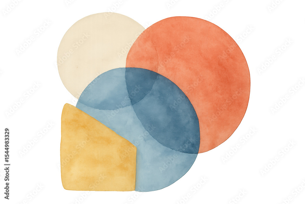 Poster geometric pattern combining translucent circles and polygon shapes, generating vibrant artistic layo