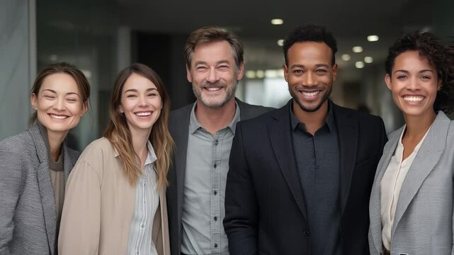 Team of professionals posing confidently in hallway. Group of smiling business colleagues in office setting. Corporate success through teamwork, diversity, and people-focused business values