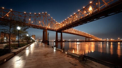 Illuminated Truss Bridge View from Riverside Walkway at Night