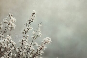 Delicate white blossoms adorned with a misty spiderweb, a serene spring scene.