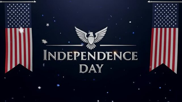 Independence Day animation, American flags, USA patriotic celebration, eagle logo with text, blue background with falling star particles, memorial day, 4th july events, ads, presentations.