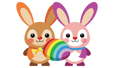 Adorable cartoon rabbits with rainbow easter egg illustration
