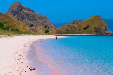 Amazing view of pink beach at Komodo Island, Indonesia. Close-up photo of pink sands with waves and clear water at the beach.