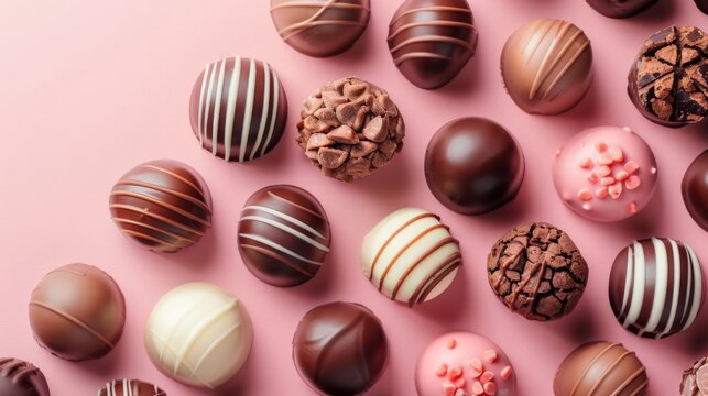 Celebration of world chocolate day with assorted gourmet truffles on pink background. Top view. Horizontal banner. Copy space. Confectionery factory, sweet life