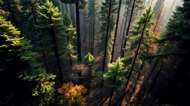 Aerial view of evergreen forest with sunrays and patch of autumn foliage