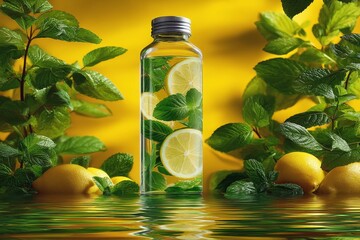 Refreshing lemon mint infused water in a glass bottle surrounded by citrus fruits and mint leaves