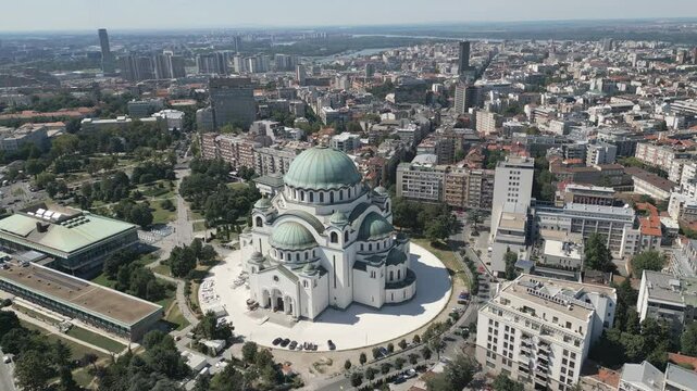 Aerial video of the Church of Saint Sava in Belgrade, the largest Orthodox church in Serbia