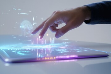 Fototapeta premium A finger interacts with a futuristic holographic interface displaying data visualizations and biometric authentication.