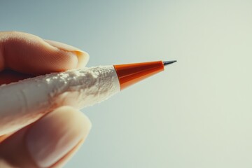A close-up of a hand holding a worn-out pen, its white grip frayed and damaged.