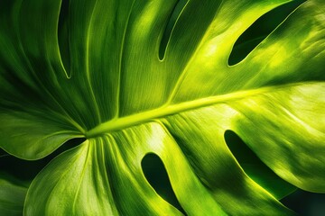 Close-up of a vibrant green Monstera deliciosa leaf, showcasing its unique texture and fenestrations.
