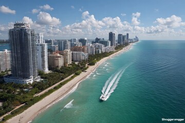 Coastal Cityscape with Beach and Boat
