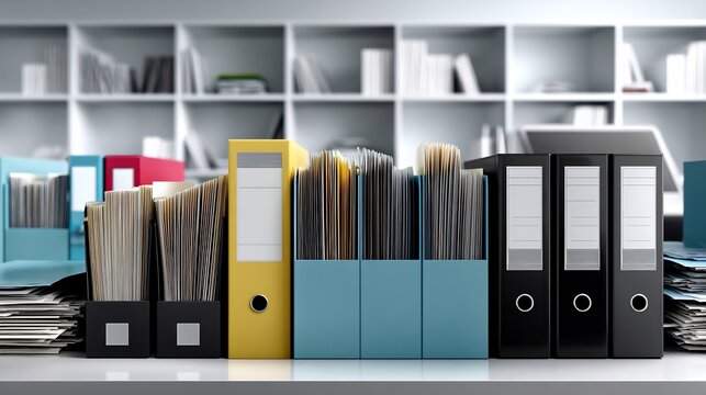 Business background of HR workspace folders printed resumes file organizers and clean desk space with white walls professional and people free