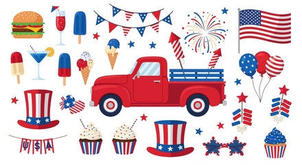 Red Truck, Fireworks, and Festive Treats A Fourth of July Celebration Clipart