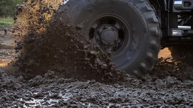 Massive tractor wheel spinning, sending thick mud flying during high intensity off road racing competition, showcasing raw agricultural power and vehicular performance