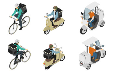 アイソメトリックイラスト：デリバリーする人セット