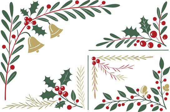 Christmas border design collection with festive seasonal elements. Elegant Christmas border set featuring snowflakes garlands and bells. Decorative Christmas border illustrations with holiday themed