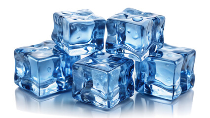 Five translucent light blue ice cubes clustered together on a reflective white surface against a black background isolated on a transparent background