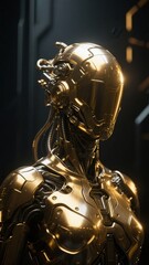 Golden humanoid robot with intricate mechanical details and futuristic design