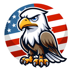 American Eagle: A proud American eagle with sharp eyes, and an imposing silhouette against a backdrop of the American flag, a symbol of patriotism and freedom.