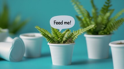 Playful indoor plant arrangement with humorous quote on light blue background