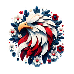 Obraz premium Majestic Eagle Emblem: A stunning display of national pride, featuring a stylized eagle head in vibrant red, white, and blue, encircled by a wreath of delicate flowers.