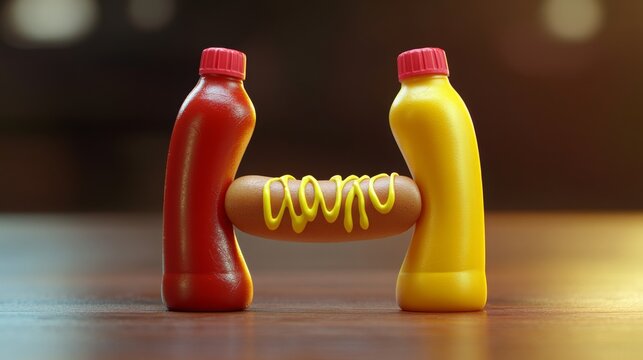 Creative depiction of a hot dog with ketchup and mustard bottles on a wooden table in a cozy setting