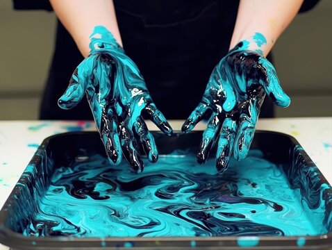 Hands covered in swirling blue and black paint hover above a tray filled with the same marbled paint mixture.