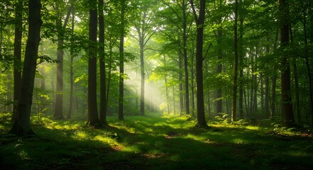 Fototapeta premium Sunlit Path Through Lush Green Forest Serene Nature Photography