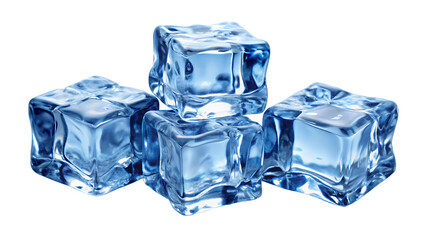 Four translucent ice cubes vibrant blue hue stacked against black background isolated on a transparent background