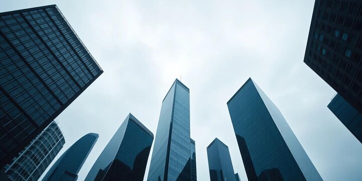 Rain-lashed skyscrapers rise, viewed from a low angle, grey sky above, skyscrapers, high-rise - Powered by Adobe