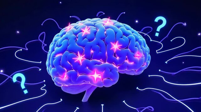 Abstract illustration of glowing brain with question marks around it  